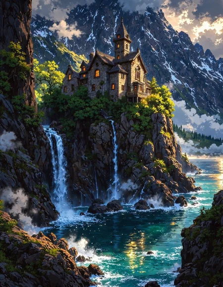 majestic digital painting in a fantasy landscape style. Picture a stone castle perched atop a steep, rocky cliff island surrounded by blue water.  The castle features a tall tower with arched windows and some ruined sections. A waterfall cascades down the cliff face into the water below. In the background, snow-capped mountains rise into a cloudy, bright sky.  The scene is bathed in a soft, natural light, with details like trees, rocks, and water ripples clearly visible.  The composition is grand and sweeping, emphasizing the isolation and beauty of the castle in its dramatic natural setting, <lora:Vibrantly_sharp_style_v.2:0.8>, <lora:FantasyWizardWitchesFluxV2-000001:0.8>, <lora:Cozy_Paradise:1>