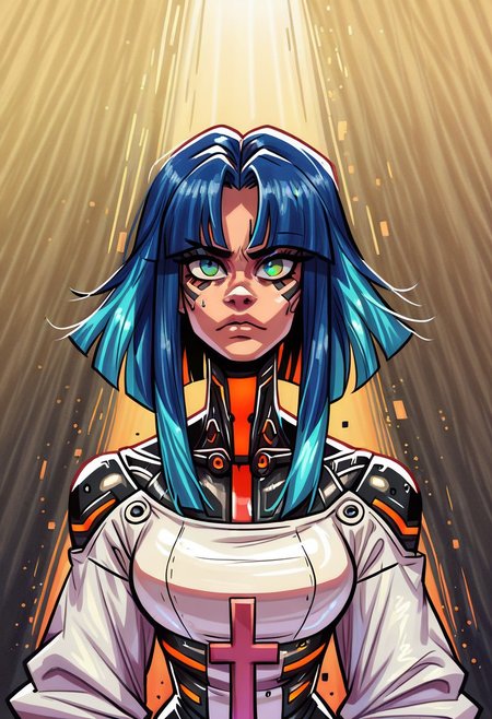 <lora:OC_Rae_Character_LoRA_PonyXL:1>
score_9, score_8_up, score_7_up, score_6_up, 1girl, BREAK,
 Ra3lyn,  Cyberpunk Style, masterpiece, best quality, good quality, very aesthetic, absurdres, newest, 8K, depth of field, half-face demon, focused subject, portrait, dynamic angle, action shot, 1girl, solo, medium hair, split hair, split-color hair, two tone hair, blue hair, red hair, (low-tied_long_hair), front locks, twin locks, front locks, white clothing, looking at viewer, fierce look, organic, the cyborg is very sinister and dangerous, cross_draw, glowing katana, thermal katana, sword_draw, iaido, one_hand_on_sheath, unsheathing, duality, light and shadow, dark and bright
in the style of cksc, zPDXL <lora:PonyXL_Teelokay_Style_LoRA:0.8>