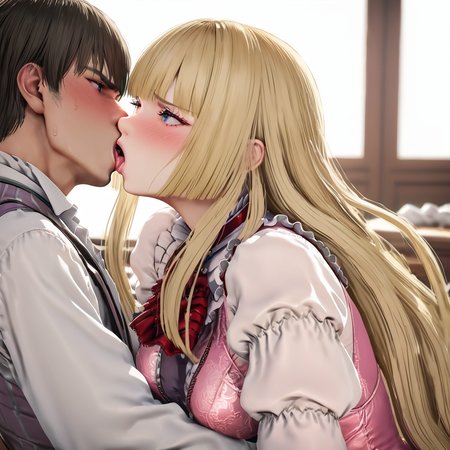 masterpiece, best quality, tekken 8_lily, pink thighhighs, blue eyes, blonde hair, long hair, embarrassed, 1boy, (french kiss:1.2), grabbing from behind,  <lora:Tekken_lily_xl:0.8>