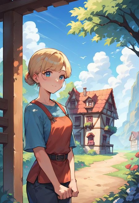 score_9,score_8_up,score_7_up,source_anime, 1girl, blonde, fantasy town landscape, blue sky, cute face, beautiful face