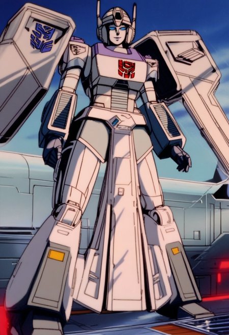 score_9, score_8_up, score_7_up, animation, transformers, 1girl, robot, Decepticon, Tall, slim, Seeker, Starscream glowing eyes, blue eyes, large eyes, circular eyes, white armour, forward long jet swept wings, transforms into futuristic Stealth Mig Fighter Jet, full body, cowboy shot, smiling, holding null ray blasters, Decepticon Symbol (purple), long skirt armour (straight), head crown,
 <lora:StarScream1.2:1>