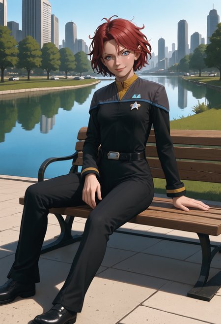 score_9, score_8_up, score_7_up, source_anime, (smirk:1.1), relaxing, on bench, 
BREAK
<lora:KaraDBH:0.9> 1girl, short hair, (messy hair:1.4), red hair, blue eyes, lips, small breasts, (slim hips:1.1), (skinny:1.2), slender, athletic, 
BREAK
<lora:ponyDS9:1> ds9st, black and grey star trek uniform, grey shoulders, yellow neck, black jumpsuit, shoes, belt,
BREAK
<lora:StS_PonyXL_Detail_Slider_v1.4_iteration_3 (1):3>, scenery, outdoors, park, lake, park bench, cityscape, science fiction, 
BREAK
volumetric lighting, depth of field, cinematic, vibrant, shadows, detailed, high contrast,âââ <lora:vivid_everclear:0.3>,âââ