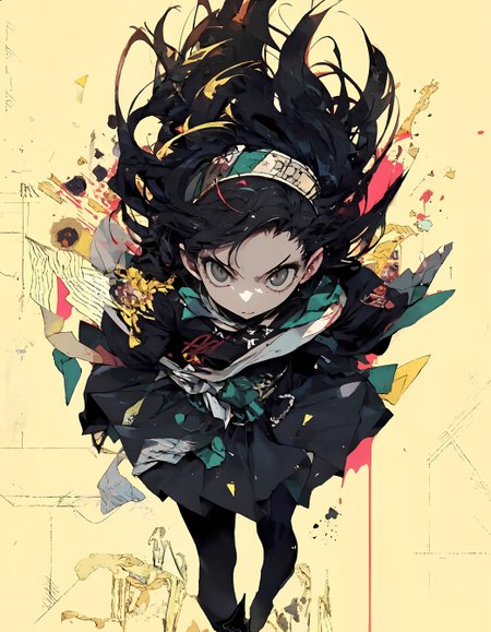 masterpiece, high quality, high sketch art, manga style, a darksoul girl, color ink art, from above. (magehat:1.0), 8k uhd, hyperrealism, hyperdetailed illustration style, Bauhaus style, light yellow background,