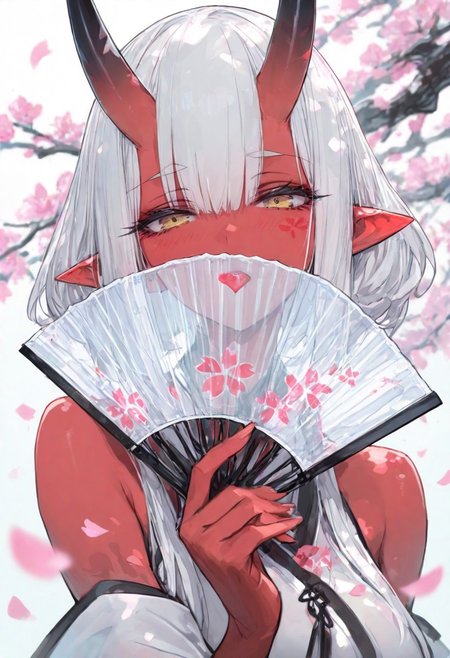 masterpiece, best quality, Good quality, very aesthetic, absurdres, newest,1girl, light rays, looking at viewer, solo, 
Cinematic Lighting, gradient color, gorgeous girl
BREAK
masterpiece, amazing quality, best quality, ultra-detailed, 8K, illustration, CG, ultra-detailed-eyes, detailed background, cute girl, eyelashes, erotic, love, petals falling,
BREAK
(sexy, slutty, hot, aroused), 
Aka-Oni, oni, colored skin, red skin, smooth horns, black horns
BREAK
holding fan, covering face, dynamic pose, looking at viewer, petals falling, translucent fan, cherry blossom,
blurry foreground, branch, kiss mark, portrait,