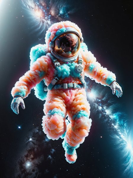 astronaut mad-cttncndy floating in space around,  dynamic pose, cinematic shot, great lighting <lora:Cotton_Candy_SDXL:1.2>, (masterpiece:1.2), best quality