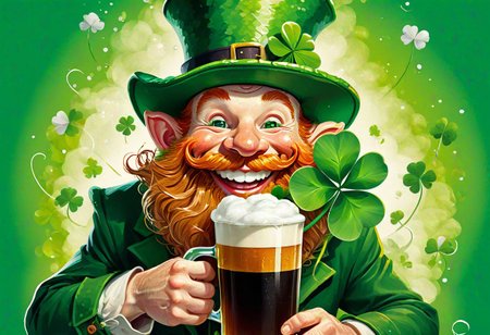 playful cartoon illustration, vibrant colors, cartoony textures, (smiling, bearded leprechaun:1.3) joyfully sipping a (giant clover-shaped pint:1.5) of Guinness with frothy foam, mischievous grin, oversized hat, sparkling background
