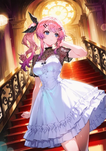 zPDXL3 Real score_9, score_8_up, score_7_up, score_6_up source_anime, highly detailed, sharp, intricate details, rating_safe rating_sensitive, rating_explicit, masterpiece, best quality, good quality, bright eyes light particles lens flare amazing quality, very aesthetic, very awa, absurdres, newest,
<lora:yoneyamaiXLNBVP1lokrV6311PZ:0.5>, <lora:ag31-Sco_ttie_1:0.5>
<lora:nhl-001:0.4> nhl-001 film grain multicolored background  <lora:ponyv4_noob1_2_adamW:0.4>
medium breasts, dynamic pose, dynamic angle,
optical illusion, ssambatea, quasarcake, Fishine, arutera, soresaki, reoen, sanbonzakura, askzy, negative space, see-through, made of, neon light, detailed background,
niji-meruto,large breasts,blue eyes,pink hair,gradient hair,side ponytail,single side ponytail,hairclip,hair ribbon,black ribbon,polka dots ribbon,
indoors, (Princess dress:1.2), piercing, necklace, jewelry, A lavish mansion's grand staircase as the centerpiece, with plush red carpeting unfurling between ornate dark wood banisters. A young girl in a formal dress stands alone, her presence highlighted midway up the broad steps, capturing the opulence of the estate.
 <lora:niji-meruto:0.7>
