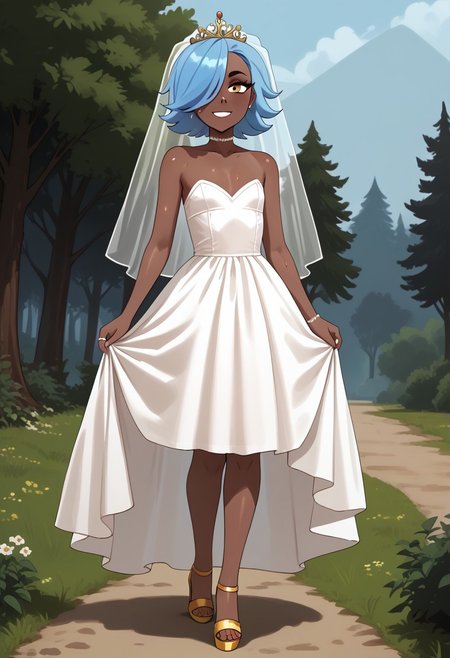 score_7_up, 1girl, erin_cc, dark complexion, one amber eye, one light blue eye, medium length blue hair, hair covering left eye, Full body, barefoot, standing, perfect hands, 5 fingers, perfect barefoot 5 toes, perfect small flat chest natural breasts;  
Wedding dress, Wedding veil, Golden tiara, Wedding ring, Golden high heels sandals,
sensual, curvy, standing, in the woods, outdoors, nature, hike, sweat, looking at viewer, feminine, artistic effects, smiling,