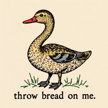 in the style of snek, a mallard duck with the text "throw bread on me" underneath