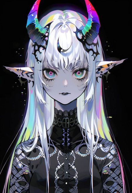pale demon girl , prismatic coloring, holographic vibe, chromatic black lace blouse, gothic background, (long straight horns:1.2)