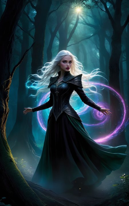 A female elven warlock stands in an ancient forest her arms outstretched  as she strains to control  the magic she has summoned, a swirling  vortex of rainbow colored light.  (long white hair), (bare midriff),
The air is thick with anticipation, the world around her responding to the surge of energy emanating from her hands. Deep within the forest, shadows cling to tree trunks, their darkness punctuated by the ethereal light of the magic. The warlock's pose is deliberate and powerful, every muscle tense with focus as she maintains control over the chaotic vortex.
The digital painting captures every minute detail: the lifelike textures of her robes, the magical light that accentuates her intense expression, and the intricate patterns that swirl around her like an otherworldly dance. The colors differences are striking â the bright magical light against the darkness of the forest at night.
<lora:Dark Fantasy:1>Dark Fantasy - Gothic scene in a dark forest at night with pure black background with a horror atmosphere black shadows