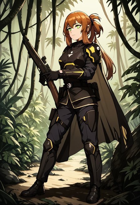 anime, score_9, score_8_up, score_7_up, score_6_up, score_8, score_7, 
Springfield \(Girls' Frontline\) wearing Helldiver armor standing in a jungle holding her m1903 rifle.  She has no helmet, exposing her face to the camera.
BREAK, springmisc, green eyes, auburn hair, ponytail, hair rings, bangs, Helldiver_Helldivers, full body, standing, holding gun, jungle,