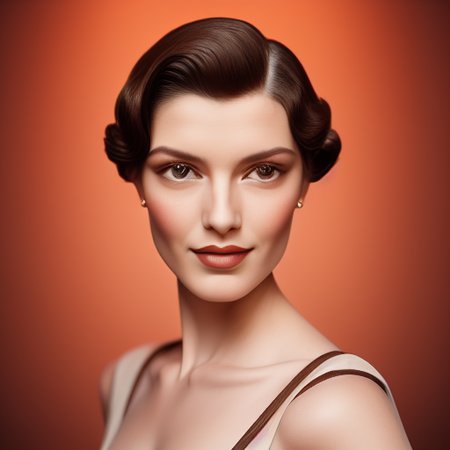 Against the plain, terracotta backdrop of an Art Deco design, a charismatic individual poses waist-up, their dark brown hair styled with subtle texture and eyes locking onto the camera lens with unbridled confidence. The soft, warm glow illuminates them highlighting delicate features and accentuating their figure.