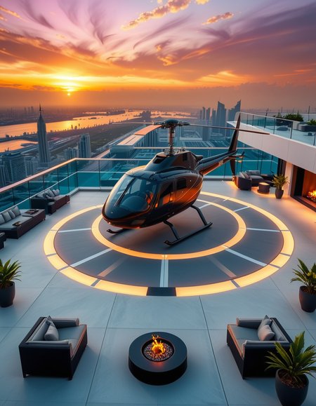 A high-resolution photo of a luxurious rooftop of a five-star hotel at sunset, featuring a sleek helipad with a high-end, matte-black private helicopter elegantly parked. The rooftop is designed with ultra-modern architecture, featuring a spacious terrace with infinity-edge glass railings, ambient lighting, and a panoramic city skyline in the background. The surface of the helipad is clean, polished concrete with clear illuminated markings. Surrounding the helipad, there are lounge areas with modern outdoor furniture, minimalist fire pits, and decorative planters with tropical greenery. The lighting is warm and golden, casting soft shadows and highlighting the contours of the helicopter and the textures of the rooftop. The sky is dramatic, painted with hues of orange, pink, and violet, creating a cinematic atmosphere of luxury and exclusivity. The overall mood is elite, calm, and aspirational, showcasing the ultimate in urban luxury lifestyle.
<lora:SDXLFaeTastic2400:0.4> <lora:extremely_detailed:0.4> extremely detailed, <lora:helipad_r00ft0p:1>,helipad r00ft0p, Masterpiece,best quality,hi res,8k,hi res,8k,award winning,(sharp focus, intricate, highly detailed),
