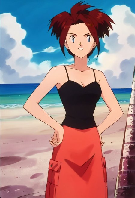 score_9, score_8_up, score_7_up, 1girl, solo, beautiful, 
source_anime, retro_artstyle
looking at viewer, hands on hips, head tilt, outside, beach, sand, skies, clouds, standing, smiling, cowboy shot, upper body
PKMNCissy, Brown Hair, Short Hair, Blue Eyes, black tanktop, spaghetti strap, red skirt, long skirt