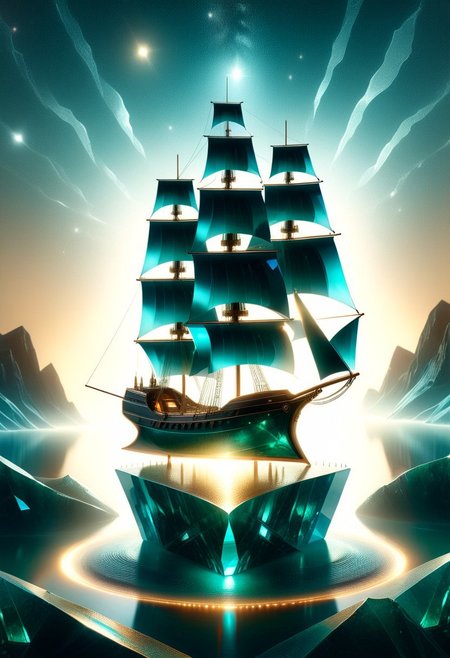 An ice boat made entirely of transparent crystal sailing on a frozen lake. It is  entirely made out of transparent glass crystal with a depth that reflects what looks like the universe of galaxies and stars, ultra detailed, enhanced, prismatic colors, render, CRU, sharp, 8k, octane render, cinema 4d, blender, dark, atmospheric 4k ultra detailed, cinematic, Sharp focus, big depth of field, Masterpiece, colors, 3d octane render, 4k, concept art, hyperrealistic, Vivid colors, extremely detailed 8k wallpaper, Intricate, High Detail. Moonlit night scene with the boat focused in the light of several high intensity spotlights. Camera is looking down and sideways as the car. emeraldmorph