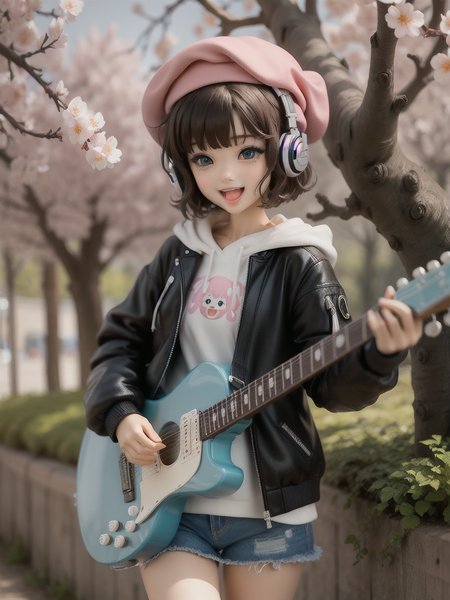 (masterpiece),(best quality),(ultra-detailed), (full body:1.2),
1girl,chibi,cute, smile, open mouth,
flower, outdoors, playing guitar, music, beret, holding guitar, jacket, blush, tree, :3, shirt, short hair, cherry blossoms, green headwear, blurry, brown hair, blush stickers, long sleeves, bangs, headphones, black hair, pink flower,
(beautiful detailed face), (beautiful detailed eyes),
<lora:figmaAnimeFigures_figma:1>