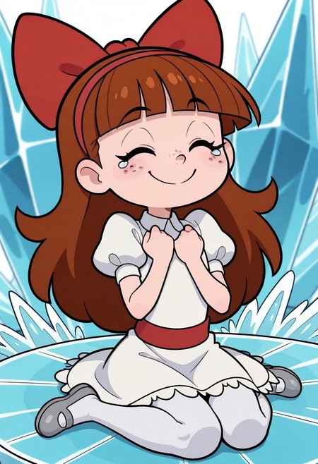 masterpiece, best quality, good quality, little girl, shortstack, 1girl, solo, freckles, blue eyes, eyelashes, perfect eyes, long hair, brown hair, straight bangs, red hairband, red hairbow, white dress, white collared dress, short sleeves, puffy sleeves, red belt, white petticoat, white pantyhose, silver shoes, sitting, wariza, knees together, eyes closed, hands on chest, fists clenched, smile, tears, ice palace, front view, upper body,
