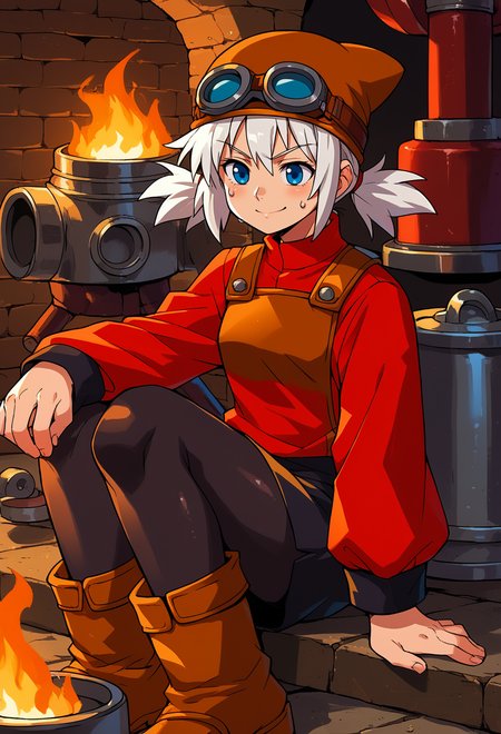 score_9, score_7_up, source_anime, BREAK solo, <lora:Pratty_XL:1> Pratty, blue eyes, short hair, white hair, short twintails, hair through headwear, goggles, brown headwear, red shirt, short over long sleeves, black long sleeves, red skirt, black pantyhose, leather breastplate, brown footwear, smile, sweat, smith, furnace, smithing, crafting, sitting, fire,