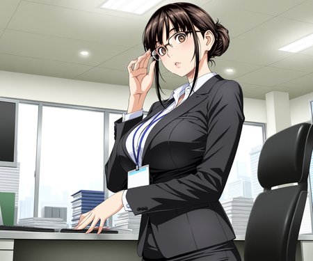 masterpiece, best quality, amazing quality, sfw, 1girl, solo,  looking at viewer, business suit, skirt, glasses, medium hair, hair_bun, office lady, office      <lora:Amano Ameno style ILL:1> amanoameno