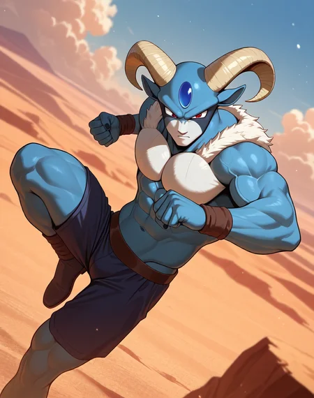 <lora:Moro_4th_Form_(Dragonball_Z)_(Illustrious)_(AD):1.3> Moro, muscular, goat,
dutch angle, exterior, desert, sky with detailed clouds,
male focus, gradient coloring, solo, cowboy shot, bent leg, blue body, soft shading, abs, punch, kick, 
BREAK very awe, aesthetically pleasing, masterpiece, best quality, amazing quality, very aesthetic, perfect depth of field shot, in'ei, furry_art, source_furry, source_anime,
EZRealPONYXL, zPDXL, Smooth Quality, lazympos, IllustQualXL_Pos,