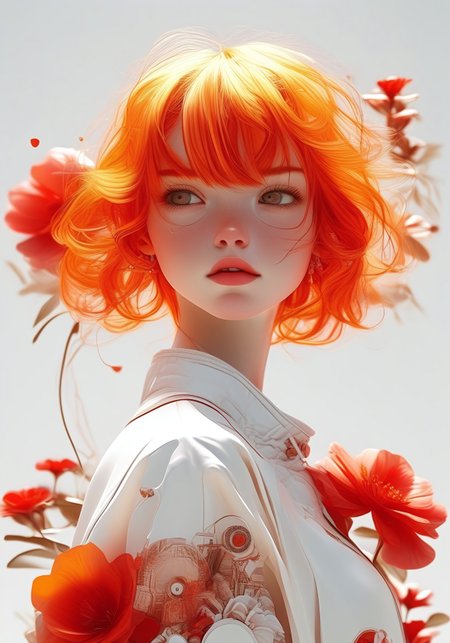 core_9, score_8_up, score_7_up, score_6_up, Anime-style Digital anime illustration of a young character with short, windswept red-orange hair, wearing a white and red patterned outfit with intricate geometric designs. She has a red knit beanie and is shown in a side profile with a determined expression. Elaborate red and white mechanical or organic accessories float around her, with stylized red flower-like elements. The art style is hyper-detailed digital painting with exceptional attention to texture, lighting, and color gradation. The color palette is dominated by vibrant reds, whites, and soft orange tones, creating a dynamic and energetic cyberpunk or fantasy-inspired aesthetic.