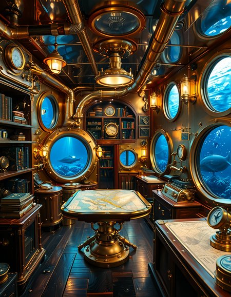 A stunning and intricate view of the interior of the Nautilus submarine, inspired by Jules Verneâs steampunk aesthetic. The room is a mix of Victorian elegance and advanced 19th-century marine engineering. The walls are lined with riveted brass and copper pipes, with intricate pressure gauges and mechanical levers. A massive, round glass porthole offers a breathtaking underwater view of deep-sea creatures swimming in the dark abyss. The warm glow of antique oil lamps and gaslights illuminates the space, casting soft golden reflections on the polished mahogany furniture and ornate brass railings. A large wooden desk is covered with old nautical charts, compasses, and a logbook filled with Captain Nemoâs notes. In the background, a library with leather-bound books and scientific instruments is neatly arranged on wooden shelves, emphasizing the scholarly and adventurous nature of the vessel. The ambiance is a perfect fusion of mystery, science fiction, and vintage maritime beauty, evoking a sense of wonder and deep-sea exploration.<lora:SDXLFaeTastic2400:0.4> <lora:extremely_detailed:0.4> extremely detailed, <lora:Nautilus_subm4r1n3:1>,Nautilus subm4r1n3, Masterpiece,best quality,hi res,8k,hi res,8k,award winning,(sharp focus, intricate, highly detailed),