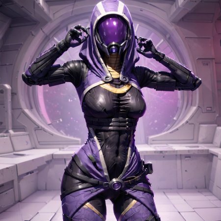 Tali Zorah, body suit, posing with hand behind head