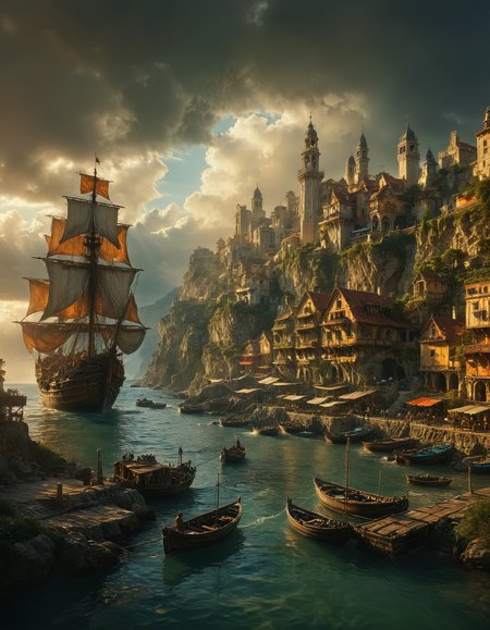 coastal city with a harbor bustling with activity, the city features intricately designed buildings that rise up along the cliffs, adorned with lush greenery and intricate architectural details, A large majestic galleon with billowing sails is anchored in the harbor, The sky is partly cloudy, sunlight breaking through, casting a warm glow on the scene, The atmosphere is lively, with people going about their daily activities, market stalls and smaller boats navigating the waters, medieval fantasy and vibrant maritime life, <lora:MJ52:0.5>, <lora:SDXLFaeTastic2400:0.5>, <lora:volumetric lighting:0.8>, <lora:zavy-cntrst-sdxl:0.8>