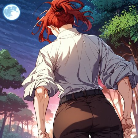 score_9, score_8_up, score_7_up, masterpiece, very high quality, Anime_source, AliciaTermina, blue eyes, red hair, medium hair, ponytail, working uniform, epiCPhoto, brown pants, white top, belt, abs, trees, dark sky, ass, moon, tight pants
