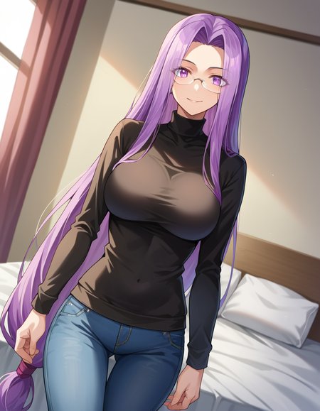 score_9, score_8_up, score_7_up, source_anime,
medusarider, <lora:medusa-rider-ponyxl-lora-nochekaiser:1>,
medusa rider, long hair, very long hair, purple hair, smile,
long sleeves, purple eyes, glasses, pants, sweater, turtleneck, denim, low-tied long hair, jeans, black sweater,
indoors, bed, bed room,
looking at viewer, cowboy shot, dutch angle,