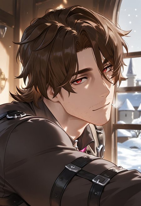 //General, masterpiece,best quality,amazing quality, source_anime, intricately detailed illustration, very aesthetic, absurdres, newest, anime coloring, subsurface scattering, , natural lighting, Expressiveh, detailed skin, shiny skin,aesthetics light, depth of field, vibrant colors,
//Fashion, black shirt, long sleeves, 
//Background, castle interior, indoors, snow background outside the window, 
//Others, 1boy, male focus, solo male, manly body, 
//Action, looking at viewer,  light smile, close up, upper body,
BREAK,
Gallagher, brown hair, red eyes, facial hair, stubble