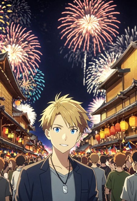high resolution, professional photography, best quality, 1Boy, Yamato Ishida, blond hair, deep blue eyes, necklace, festivals, nights, fireworks, crowds, happy, OverallDetail