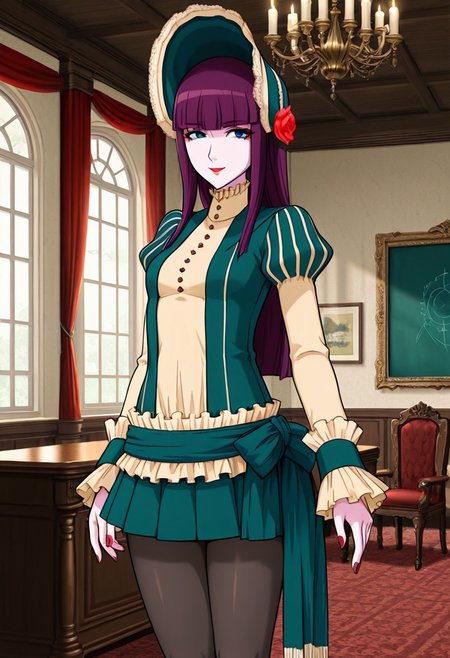 score_9,score_8_up,score_7_up,source_anime,5_figner,2d_animation,game cg,BREKE,1girl,solo,
Loretta Lecarde,purple hair,blunt bangs,hime cut,blue eyes,long hair,red lips.ltfashion,bonnet,pantyhose,red rose,dress,mini skirt,puffy sleeves,button,
small breasts,smile,front view,cowboy short,looking at viewer,nail polish,
red curtain.gothic room,medieval interior,
indoor,window,chandelier,candle,white wall, 
desk,chair,blackboard,window, 
masterpiece,best qualit,ultra-detailed,illustration,an extremely delicate and beautiful,beautiful detailed eyes,unity 8k wallpaper,high resolution,anime CG,official_art,