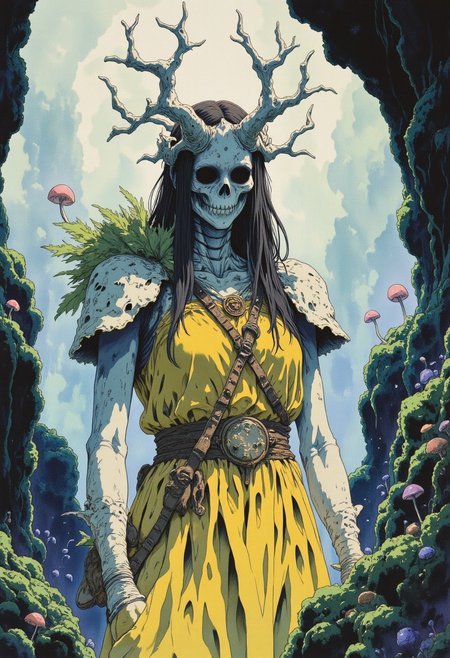 Studio Ghibli Dark Fairytale, intricate expressionistic Portrait of a female myconid, a humanoid fungi entity with a headpiece shaped like a chanterelle mushroom, she weards a long yellow dress made of natural materials and leaves, her skin is tanned and she is standing on a dark and humid cave, surrounded by glowing algae, moss and fungi, g a hauntingly beautiful, skeletal figure. The subject is a woman with elongated, flowing hair that cascades down her back and shoulders, resembling ribbons of bone. Her face is a skull, with hollow, empty eye sockets and a sinister grin, enhancing the eerie and otherworldly aura. Her skin is a pale, almost translucent white, with intricate, branching patterns that resemble the veins and textures of bone. 
She wears a crown of sharp, jagged bones that extend from her head, adding to the skeletal theme. The background is a gradient of soft, pastel blues and whites,