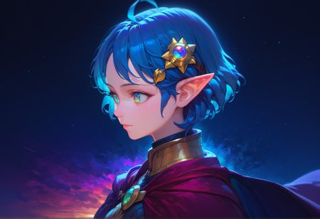 score_9, score_8_up, score_7_up, score_6_up,
star ocean, 1girl, rena lanford, ahoge, armor, [blue:opal:0.5] eyes, blue hair, cape, hair ornament, pleated skirt, pointy ears, short hair, beautiful detailed eyes,
from side, upper body, (close-up:1.2), space, star \(sky\), spiral galaxy, portrait, official wallpaper, backlighting,
 <lora:yukihiro_kajimoto_so2r_pony:0.8>
<lora:IOS_Iridescent_opal_style:0.8>