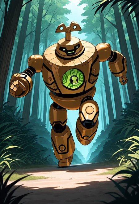 masterpiece, best quality, amazing quality, very aesthetic, absurdres, newest, 
 clockwork, robot, solo, no humans, 
deep forest, Jurassic age, solo, dinosaurs in the background, running,