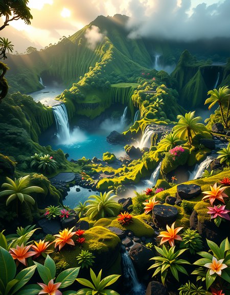 A breathtaking view of an ancient, dormant volcano now transformed into a lush, vibrant natural sanctuary. The crater is filled with dense tropical forests, colorful exotic flowers, cascading waterfalls, and mist swirling gently in the morning light. Vines and moss cover the dark volcanic rocks, and small streams wind down the slopes. while rays of sunlight pierce through the dense canopy, creating sparkling reflections on the water. The atmosphere feels peaceful, enchanted, and untouched by humans. The scene is depicted in an ultra-detailed, hyper-realistic style, with warm, soft lighting and rich, saturated colors that enhance the magical and serene mood of the landscape.
<lora:SDXLFaeTastic2400:0.4> <lora:extremely_detailed:0.4> extremely detailed, <lora:dormant_v0lc4n0:1>,dormant v0lc4n0, Masterpiece,best quality,hi res,8k,hi res,8k,award winning,(sharp focus, intricate, highly detailed),