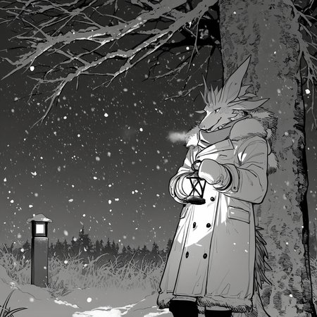 snow,snowing,outdoors,tree,scarf,holding,coat,lantern,1boy,winter clothes,standing,winter,male focus,solo,night,holding lantern,breath,coat,long sleeves,mittens,winter coat,fur trim,coat,<lora:MIZUTSUNE-ILL-ADAM-V3-000018>,mizu,(dragon boy:0.9),solo,(1boy:1.3),furry,grass,tree,thigh boots,
masterpiece,best quality,amazing quality,very aesthetic,highres,absurdres,<lora:ftstyle-noob05-v2>,ftstyle,monochrome,greyscale,