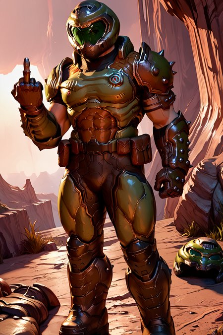 score_9, score_8_up, score_7_up, masterpiece, high quality, extreme detail, absurdres, (detailed skin texture) BREAK, 3d
 <lora:Dc HuntressPonyLoRA:1>doomguy, 1boy, helmet, shoulder armor, breastplate, gauntlets, belt, pouch, boots, middle finger, grand canyon