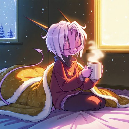 score_9, score_8_up, score_7_up,namah_calah,
1girl,solo,furry,tail, source_furry,horns,masterpiece, 
 ,<lora:namah_calah_illustrious:0.8>,
kid, child, 
 indoors, winter, warm_clothing, fluffy_blanket, hot_chocolate, sweater, cozy, soft_smile, holding_mug, warm_lighting, relaxed_pose, snow_visible_through_window, peaceful_expression, detailed_background, soft_focus, heartwarming