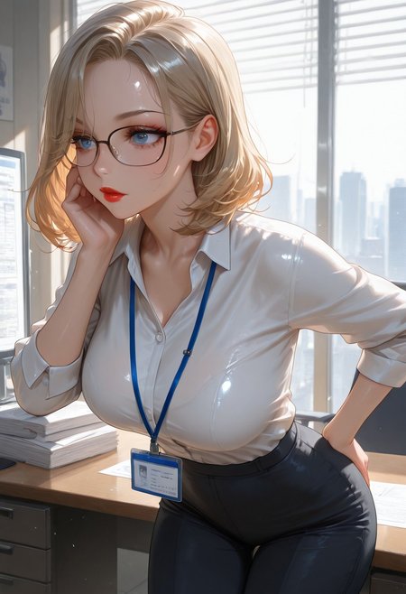 (masterpiece), (best quality), (ultra-detailed), amazing quality, very aesthetic, perfect composition, intricate details, illustration, absurdres, incredibly absurdres, shiny skin, realistic, volumetric lighting,
1girl, perfect face, soft facial features, detailed beautiful eyes, perfect anatomy, large breasts, luscious hair, eyelashes, tight clothing, athletic woman, perfect hands, juicy red lips, (slim),
25 year old Israeli secretary,
medium length hair, dirty blonde hair, blue eyes, office lady outfit, nerdy, glasses,
solo, (office:1.17),