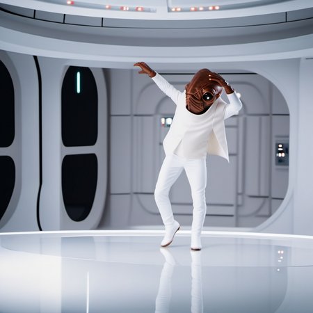 cinematic photo a full body  brown skin alien with a strange looking face, star wars, white suit, 
dab poses, spaceship <lora:AmiralAckbar1024:0.9> . 35mm photograph, film, bokeh, professional, 4k, highly detailed