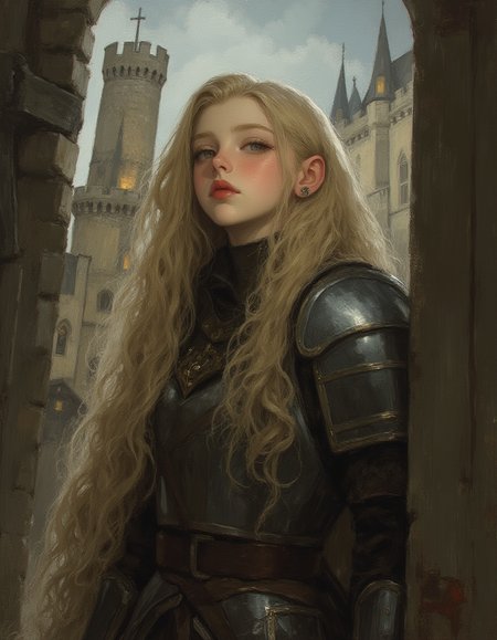 masterpiece, high quality, Oil Painting, Hyper-realistic, hyper-detailed picture of a petite young 12 year old female Paladin a proud look on her face. The she has porcelain white skin, long flowing blond hair, and bright emerald green eyes. The she is wearing plain 1500s full plate mail armor that shows signs of wear and use. The she is standing inside the front gate of a castle the towers of which can seen behind her. The painting shows shadow and light, Masterpiece, intricate lines, intriguing atmosphere, sharp magnificent details, delicate features, elaborate details, (2\3 rule composition:0.5), ultra detailed, romantic, Rembrandt lighting, brush stroke, lovely, painted by John Singer Sargent, Rembrandt lighting, brush stroke, focus on the girl, novuschroma, vantablack, niji_flux <lora:- Flux1 - vanta_black_V2.0:.8> <lora:113_novuschromaFLX_1:.4>  <lora:MoriiMee_Gothic_Niji_Style__FLUX_LoRA_Test_2:1> <lora:neeeg_f1:-1>
