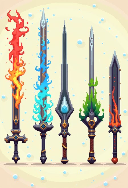 high quality, highly detailed, colorful, abstract, fantasy, fantasy background, The image is a realistic photo of six different types of weapons. The weapons are arranged in a row, with each weapon having a unique design.   The first weapon on the left is a long, pointed sword with a red and orange flame-like design on the top left corner. The flame is swirling around the sword, creating a sense of movement and energy. The sword has a pointed tip and a pointed end. The handle of the sword is decorated with intricate patterns and designs. The second weapon in the middle is a tall, slender sword with blue and yellow flames on the handle. The third weapon is a sword with green leaves on the right side. The fourth weapon is in the center of the image, with a blue and green flame design on it. The fifth weapon is on the bottom left corner, with an orange and black design. The sixth weapon is at the bottom right corner, and the seventh weapon is to the right. The background is a light beige color, and there are small blue spheres scattered throughout the image., ArsMJStyle, Pixel Art<lora:FLUX\Enhancer\MysticFantasy.safetensors:0.8:0.8> <lora:FLUX\Enhancer\flux_vividizer.safetensors:0.8:0.8> <lora:FLUX\Style\PixelArtStylesFlux.safetensors:0.6:0.6>
