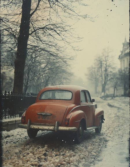 35mm vintage street photo of a an old car parking on a gravel road, winter, bokeh, 4k, uhd, masterpiece