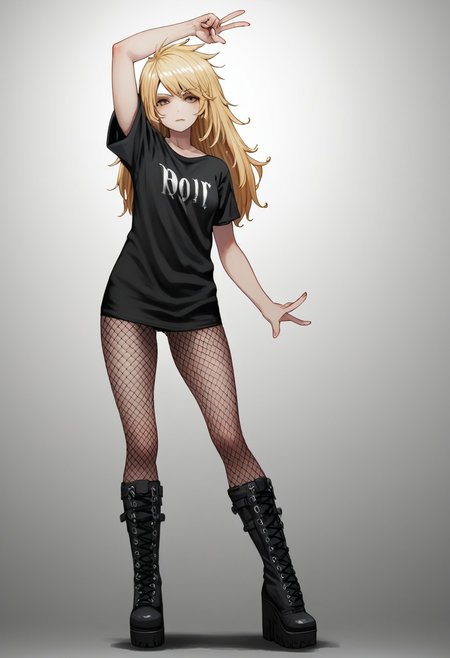 score_9, score_8_up, score_7_up, 1girl, long hair, blonde hair, punk, solo, black t-shirt, fishnet stockings, platform boots, standing, one arm raised, rock-on gesture, confident pose, gradient background, edgy, rebellious, high contrast, modern setting