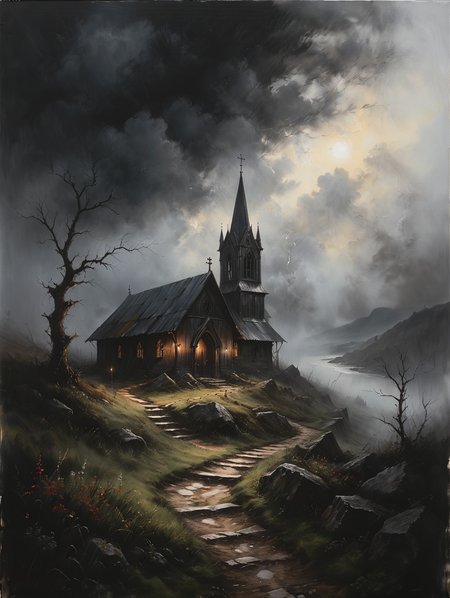 oil painting, gothic church on a hill, 34K uhd, masterpiece, high detail, 8k, intricate, detailed, high resolution, high res, high quality, <lora:add-detail-xl:1.8>, highly detailed, Extremely high-resolution details, fine texture,