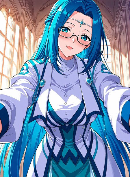 <lora:Ruo_Ling__Battle_Through_the_Heavens__Illustrious:1>
1 girl, solo, blue eyes, very long hair, blue hair, french braid, half updo, 
dress, long skirt, long sleeves, bottons, circlet, jewelry, glasses, semi-rimless eyewear,  
score_9, score_8_up, score_7_up, score_6_up, source_anime, rating_explicit, 1girl, solo, smile, embarrassed, alcalose eyes, open mouth, mansion, indoors, looking at viewer, outstretched arms, pov, close-up, (head tilt:1.2)