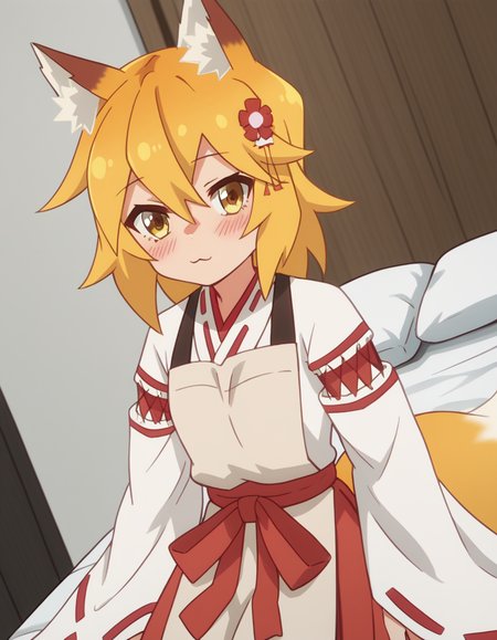 score_9, score_8_up, score_7_up, source_anime,
kitsunesenko, <lora:kitsune-senko-s1-ponyxl-lora-nochekaiser:1>,
senko, bangs, blonde hair, hair ornament, animal ears, hair between eyes, yellow eyes, flower, hair flower, animal ear fluff, fox ears, red flower, fox girl,
long sleeves, tail, japanese clothes, wide sleeves, kimono, apron, ribbon trim, hakama, hakama skirt, ribbon-trimmed sleeves, white kimono, miko, brown apron,
indoors, bed, bed room, on side, blush, drunk,
solo, dutch angle, looking at viewer, cowboy shot,